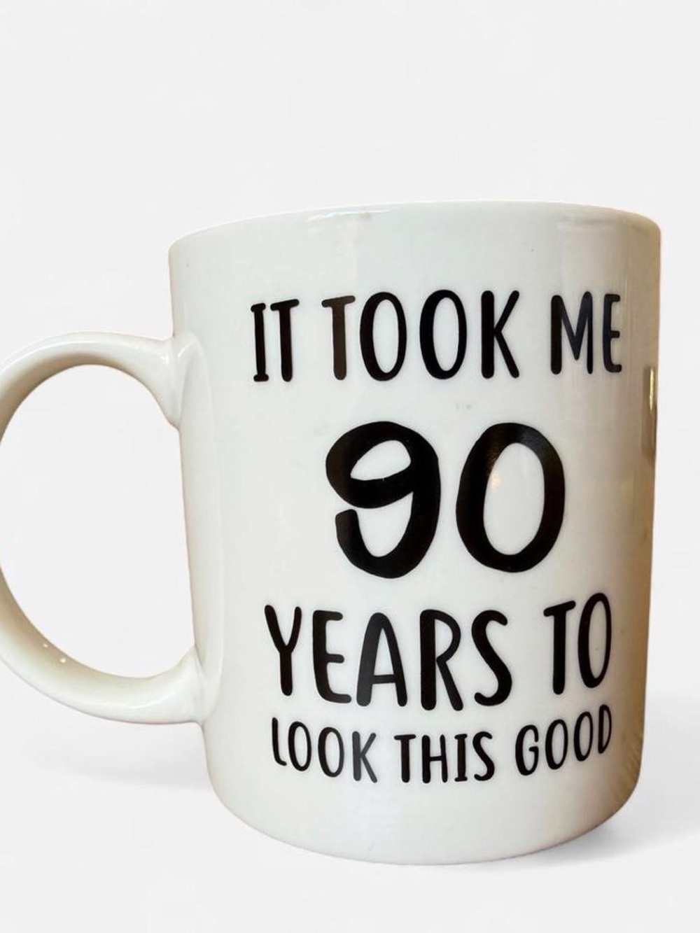 90 Years Birthday White Ceramic Coffee Mug with Black Typography